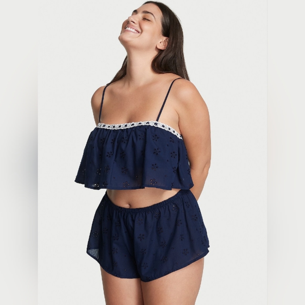 VICTORIA'S SECRET Navy Eyelet Cropped Flounce Cami Shorts Set* Sz L